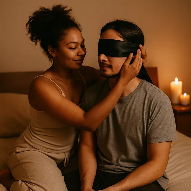 A tasteful, dimly lit bedroom with rose petals and soft lighting, symbolizing romance and intentional intimacy.