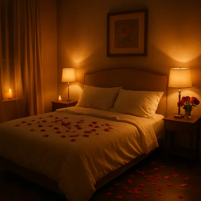 A tasteful, dimly lit bedroom with rose petals and soft lighting, symbolizing romance and intentional intimacy.