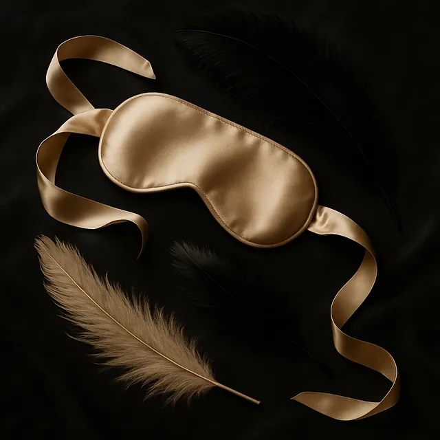 Elegant sensory items like silk blindfolds and feathers arranged artistically, suggesting exploration without being explicit.