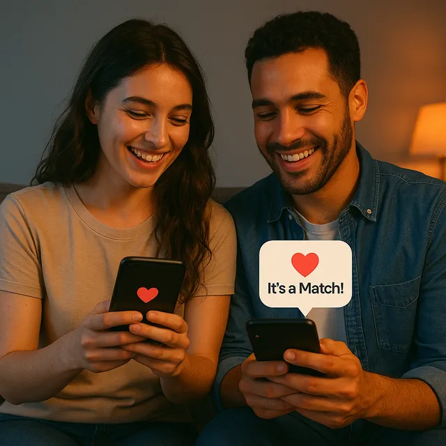 Two people looking at a phone together, smiling while the KnotLove interface shows It's a Match! indicating shared interests.