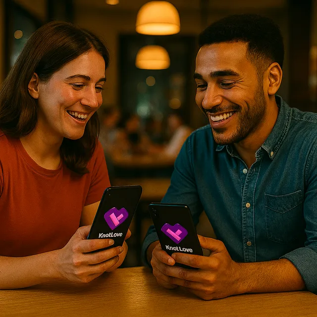 A couple sitting together, both looking at their phones with the KnotLove app open, showing
excitement and anticipation as they discover their matches.
