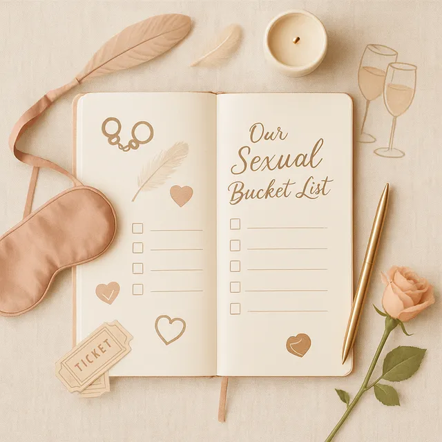 an open notebook titled Our Sexual Bucket List surrounded by symbolic, non-explicit items (silk blindfold, feather, champagne flutes, candle, rose, tickets)