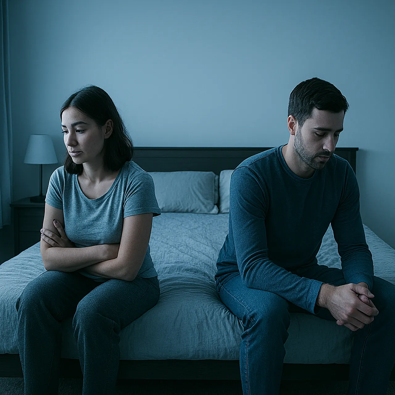 A couple sitting on opposite ends of a bed, both looking away from each other, with visible emotional distance between them - representing the isolation of a dead bedroom.