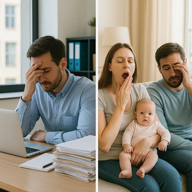 A split-screen image showing a stressed person at work on one side and a tired couple with a baby on the other side, illustrating modern life stressors.