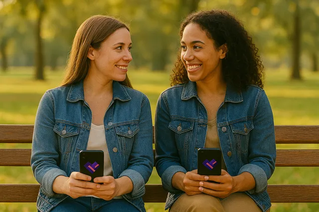A couple (two women) is sitting comfortably on a park bench. Both women are holding their phones, the KnotLove interface, and they are looking at each other. One woman is smiling, and the other is grinning.