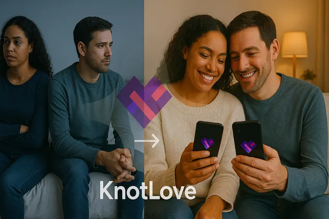 A before-and-after style image showing a couple looking disconnected on one side, and the same couple
engaged and intimate on the other side, with subtle KnotLove branding connecting the transformation.